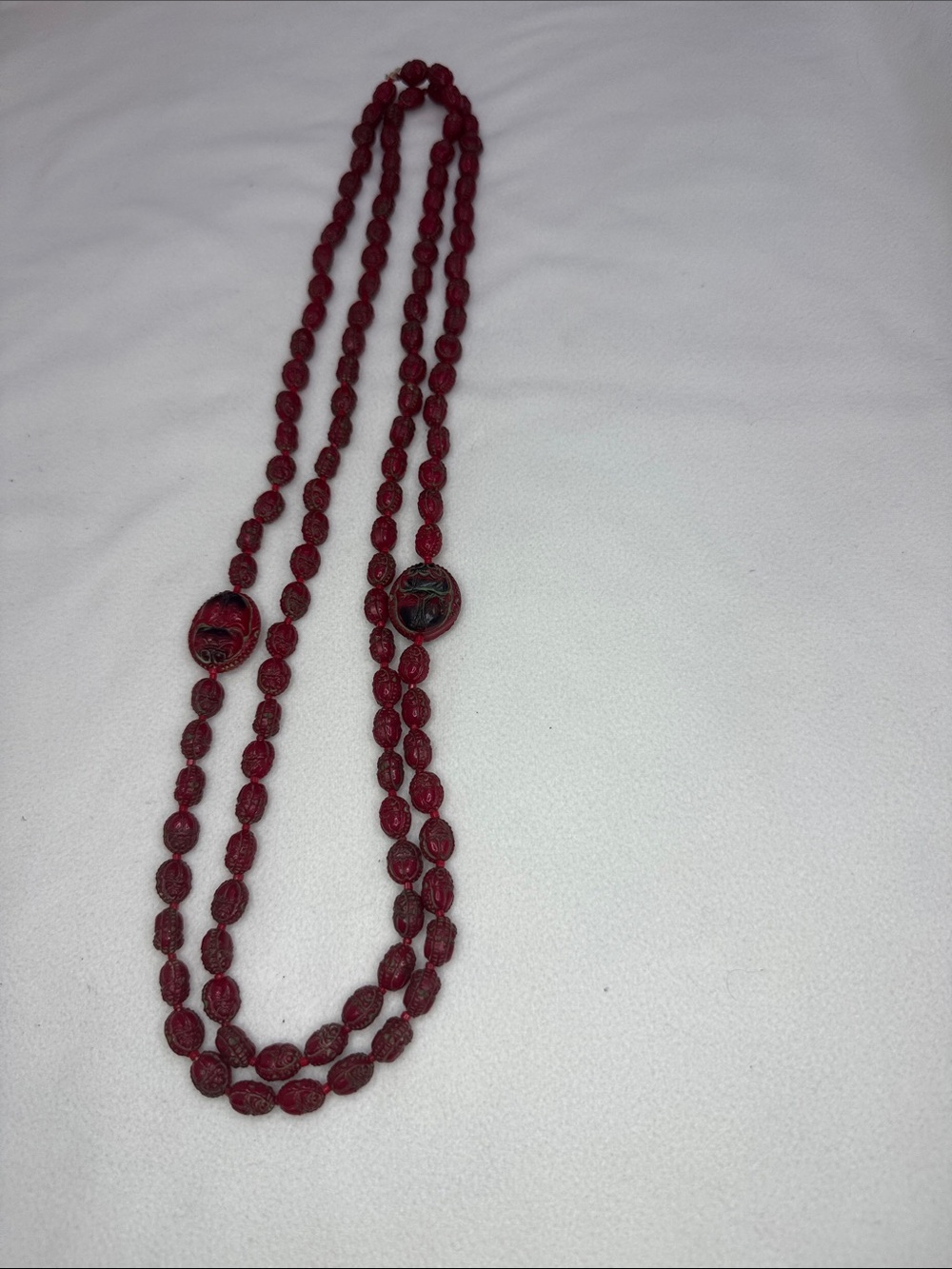 Double-Strand Red Carved Bead Necklace with Decorative Focal Discs
